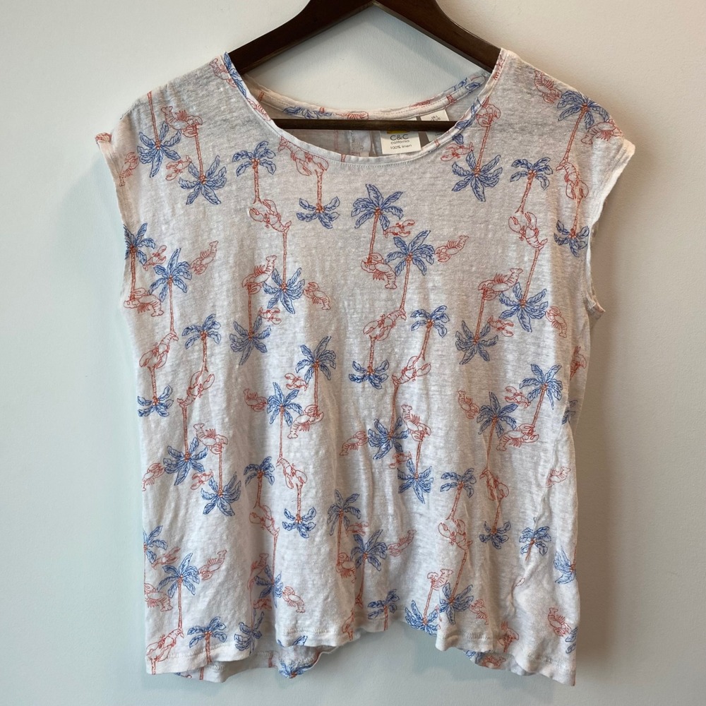 C&C California Top Women L White Palm Tree Lobster 100% Linen Button Back Tank